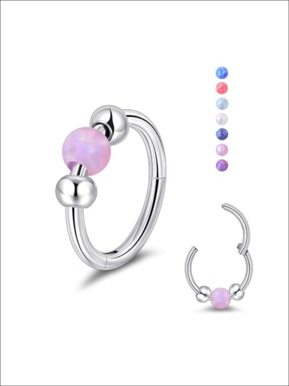 18G Opal Hinged Nose Ring Hoop 316L Surgical Steel Clicker